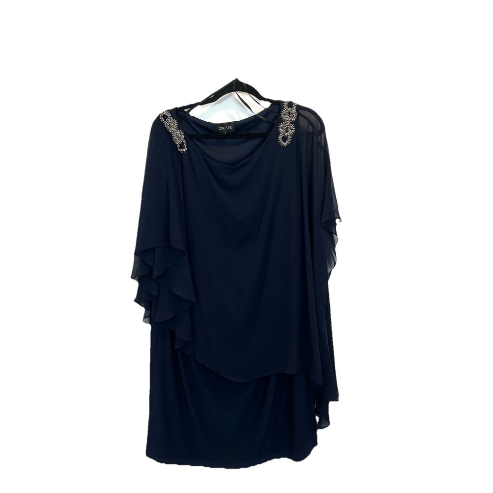 Xscape Size 16W Navy‎ Blue Chiffon Overlay Beaded Embellished Formal Dress